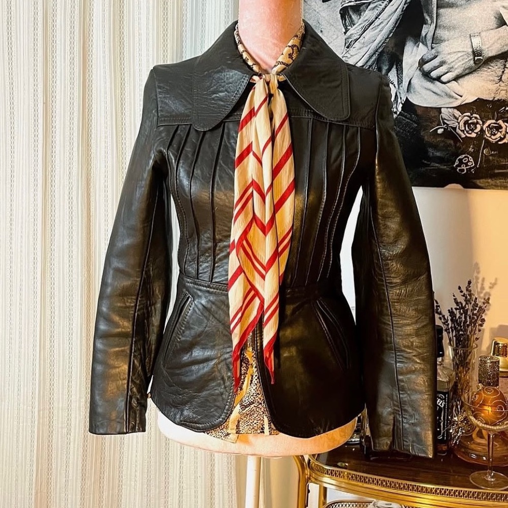 1970s leather coat mod vintage black